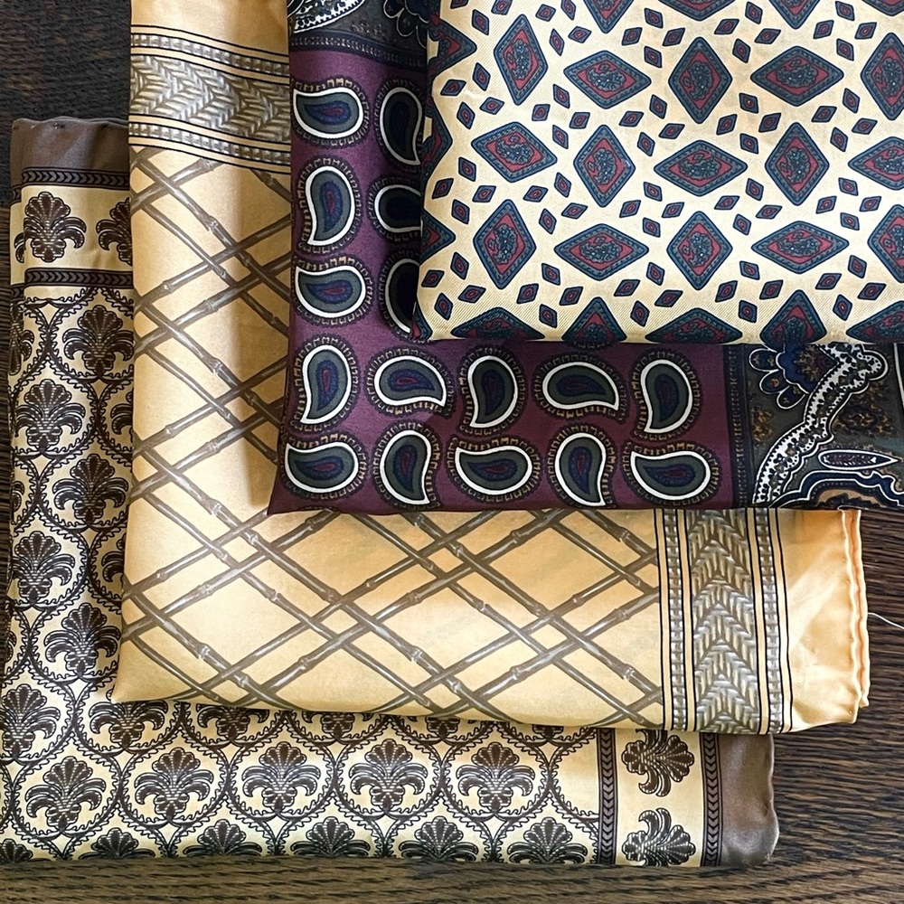 Lot of 4 100% silk scarves pocket squares, hand rolled edges, made in England